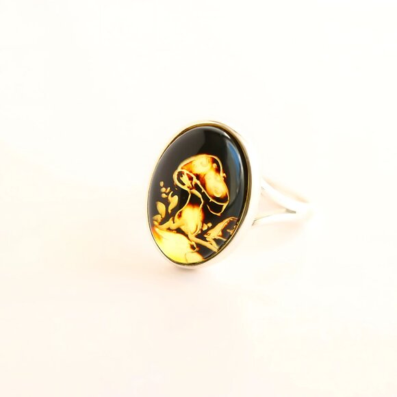 Baltic Amber Mushroom Ring -Hand Carved Cameo, 925 Sterling Silver, Adjustable - Picture 3 of 6